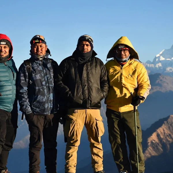 Trekkers with Eden Adventure Trek in warm jackets, Kanchenjunga behind them
