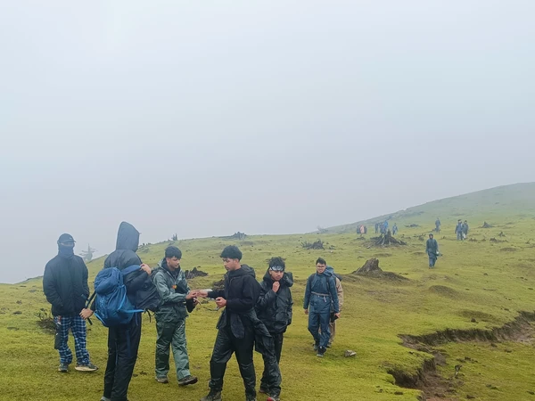 Group of trekkers crossing a green meadow in mist